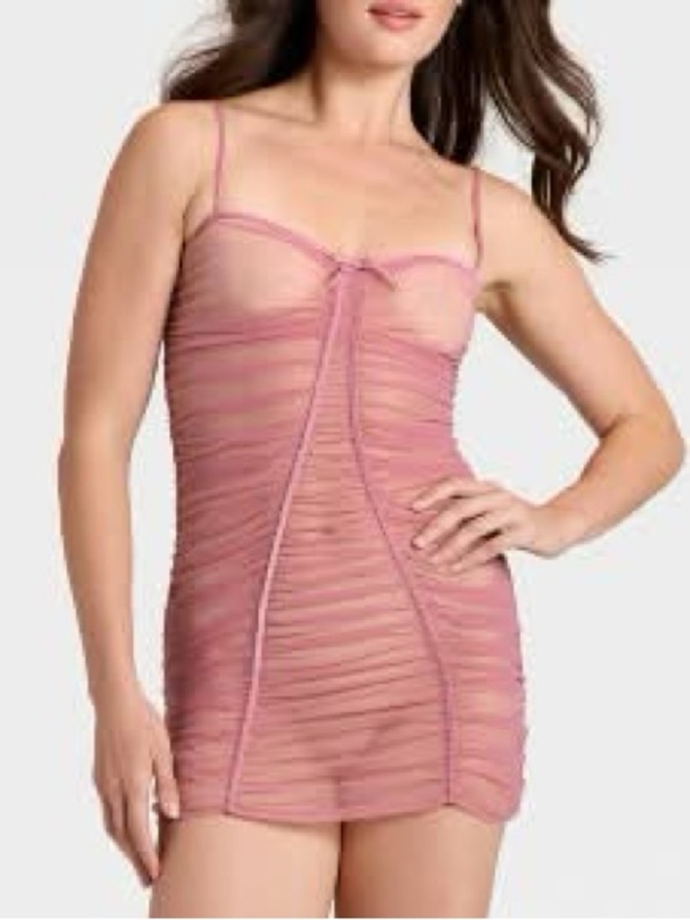Auden Sheer Ruched Chemise in Dusty Rose